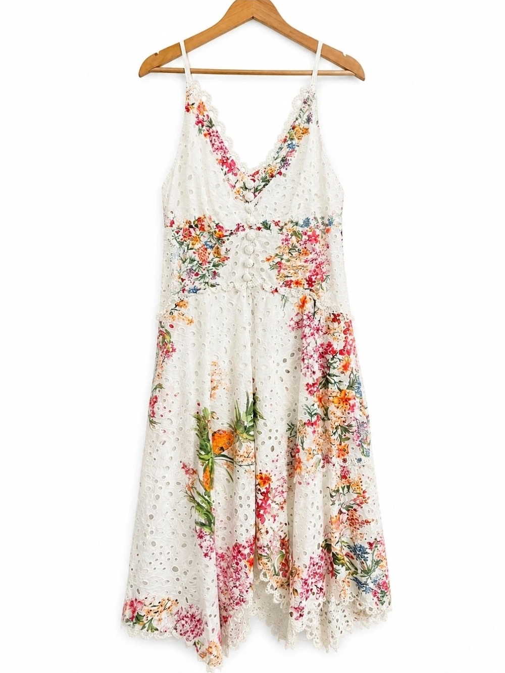 FARM Rio White Eyelet Maxi Dress with Multicolor Floral Print